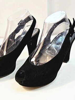 Paul Green Moriah Black Suede Heels US 8.5 Peep Toe Slingback Platform Pumps